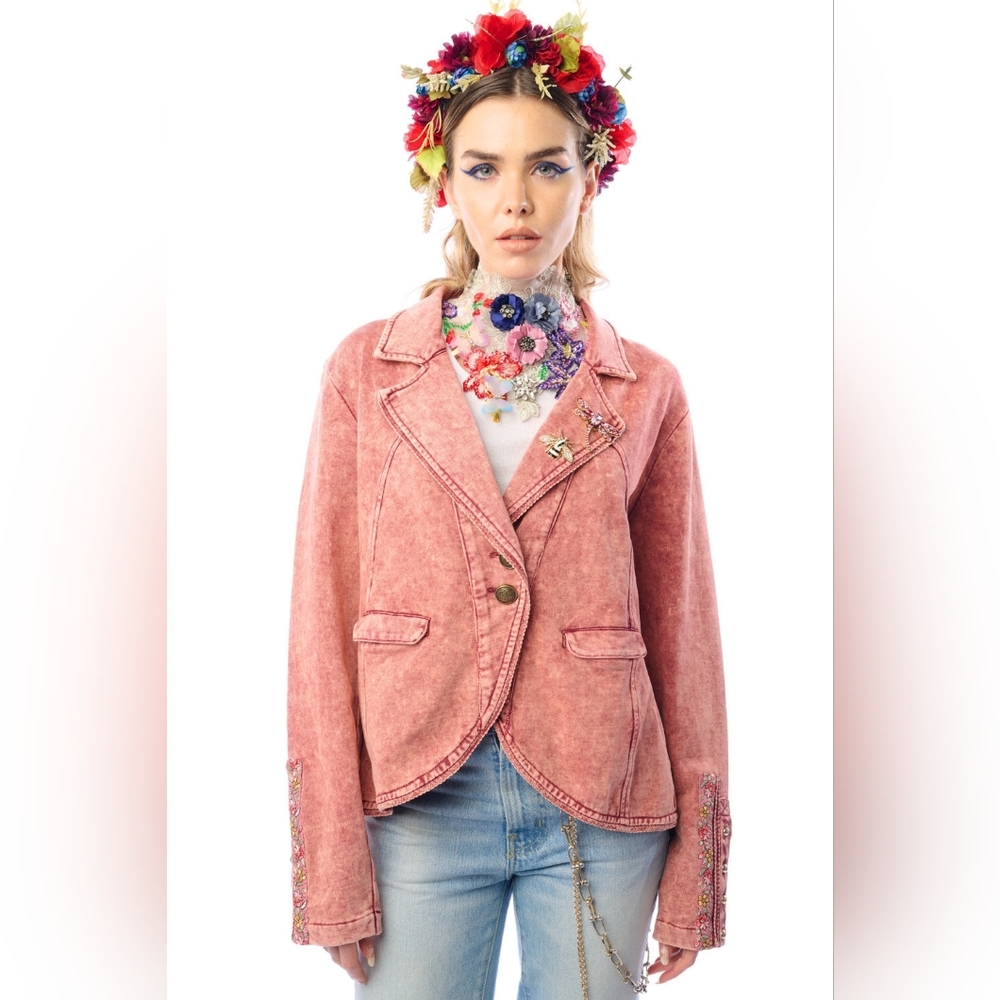 NWT Floral Embroidered Pink French Terry Jacket - Picture 2 of 13